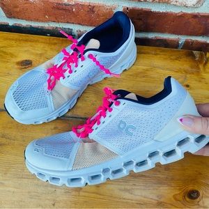 On Cloud | White & Navy Running Sneakers with Pink Laces 9.5